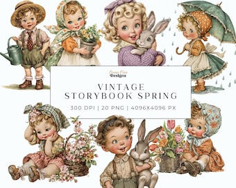 Vintage Storybook Children Clipart, Easter Spring Kids PNGs (Digital Download)
