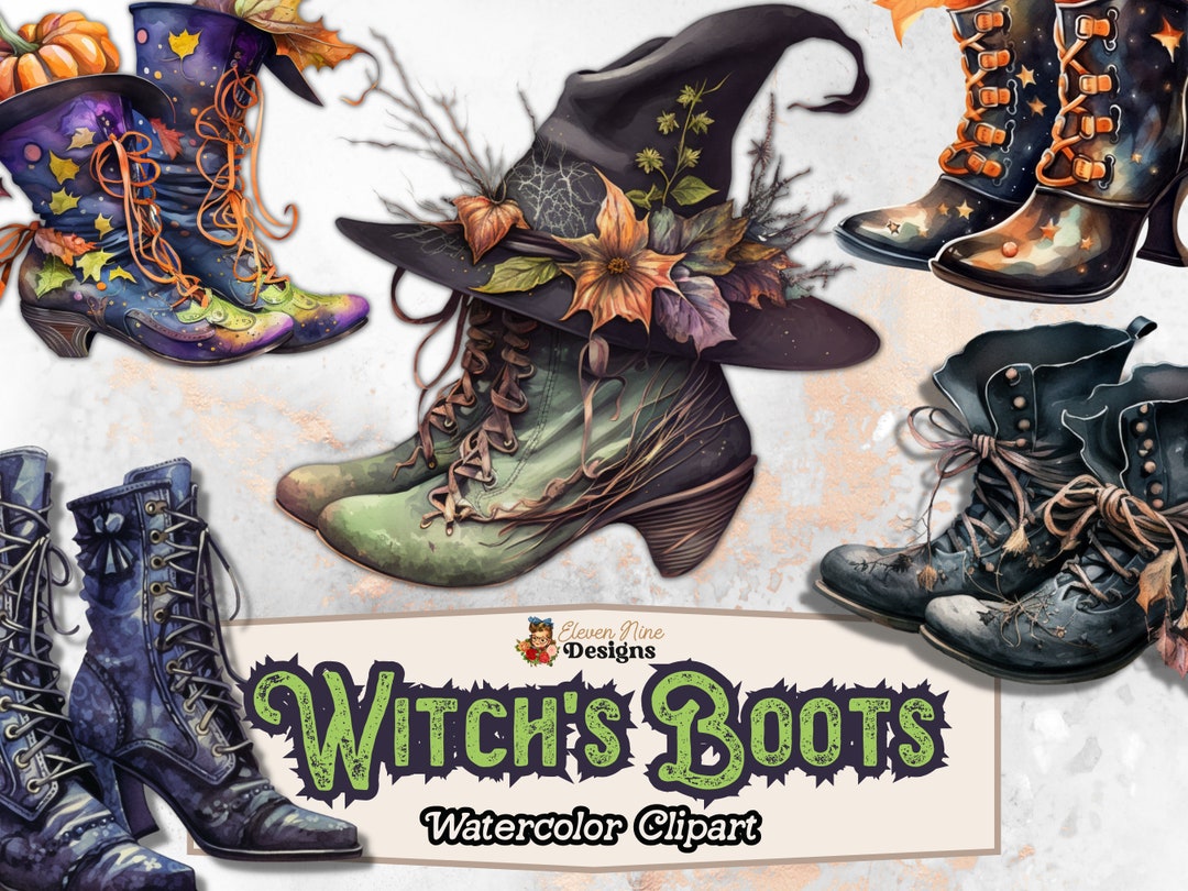 Halloween Witch Boots Clipart, Witch Boots PNG, Watercolor Gothic Witch