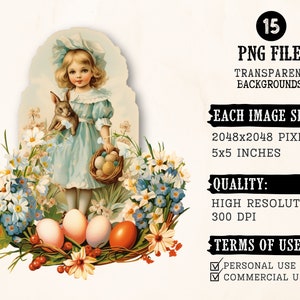 Puede incluir: Una ilustraci&oacute;n vintage de una ni&ntilde;a con un vestido azul sosteniendo un conejo. Est&aacute; rodeada de flores de primavera y huevos de Pascua. La imagen est&aacute; sobre un fondo blanco.