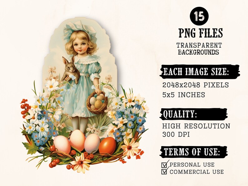 Puede incluir: Una ilustraci&oacute;n vintage de una ni&ntilde;a con un vestido azul sosteniendo un conejo. Est&aacute; rodeada de flores de primavera y huevos de Pascua. La imagen est&aacute; sobre un fondo blanco.