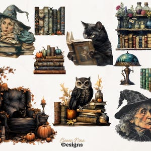 ハロウィン魔女図書館PNGクリップアート、ヴィンテージ本、不気味な魔女、スクラップブック、ジャンクジャーナル、ペーパークラフト用のゴシックブック愛好家向けファンタジーアート 画像 9