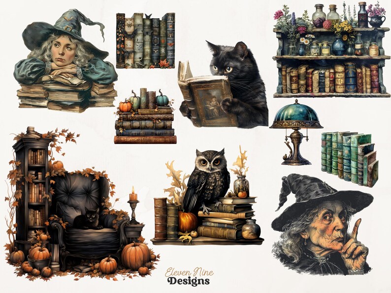 ハロウィン魔女図書館PNGクリップアート、ヴィンテージ本、不気味な魔女、スクラップブック、ジャンクジャーナル、ペーパークラフト用のゴシックブック愛好家向けファンタジーアート 画像 9