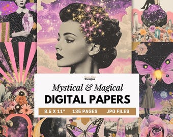 Mystical Digital Papers, Magical Fantasy Collage Backgrounds, Celestial Junk Journal Pages, Crystal Witch Printable Paper Bundle