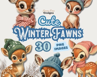 May include: Digital illustration of five adorable cartoon fawns wearing winter hats and scarves. The image includes the text "Cute Winter Fawns" and "30 PNG Images". The fawns are in various poses.