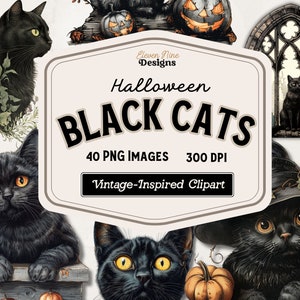 Halloween schwarze Katzen Clipart, schwarze Katze PNG, Fantasy schwarze Katzen Clipart, Florale Katze Cliipart für Scrapbooks, Journal, digitaler Download
