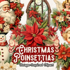 Clipart de poinsettias de Noël, clipart de Noël floral vintage, fleur de poinsettia rouge PNG, éphémères de Noël pour scrapbooking, journaux