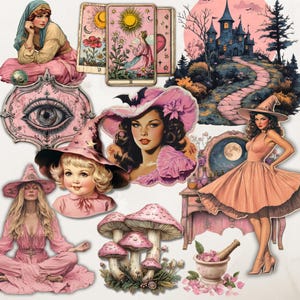 Op de afbeelding: Een verzameling digitale stickers in roze en witte kleuren. De stickers bevatten een heks met een roze jurk, een kasteel, paddenstoelen, een oog en tarotkaarten.