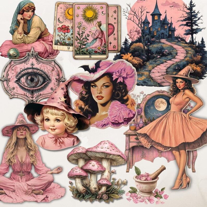 Op de afbeelding: Een verzameling digitale stickers in roze en witte kleuren. De stickers bevatten een heks met een roze jurk, een kasteel, paddenstoelen, een oog en tarotkaarten.
