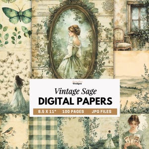 May include: A collection of digital papers featuring sage green and cream tones with illustrations of butterflies, foliage, a person in a dress, an oval frame, a window, and a bird. Text includes "Liana Nine Designs", "Vintage Sage", "DIGITAL PAPERS", "8.5 X 11", "100 PAGES", and "JPG FILES".