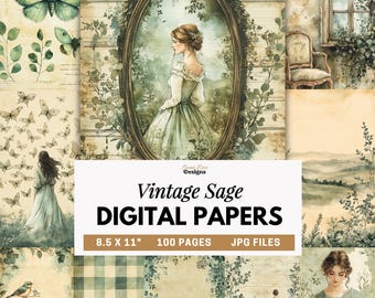 Vintage Sage Digital Papers, Green Scrapbook Frames, Junk Journal Pages, Vintage Garden Ephemera Backgrounds, Printable Botanical Collages