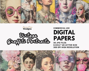Vintage Graffiti Portrait Digital Paper | Victorian Women & Street Art | Altered Art Junk Journal Pages, Collage Ephemera JPG, Fashion Print