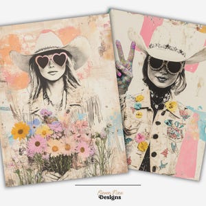 May include: Two art prints featuring illustrations of women in cowboy hats and sunglasses. One holds flowers, the other makes a peace sign. The prints have a vintage, bohemian aesthetic with pastel colors and floral accents.