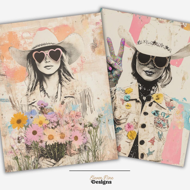 May include: Two art prints featuring illustrations of women in cowboy hats and sunglasses. One holds flowers, the other makes a peace sign. The prints have a vintage, bohemian aesthetic with pastel colors and floral accents.