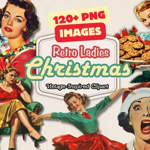 Imágenes prediseñadas retro de la década de 1950, ama de casa de Navidad PNG, uso comercial para álbumes de recortes, revistas, muñeco de papel vintage, imágenes prediseñadas de descarga digital