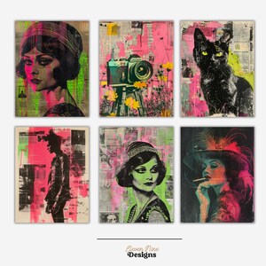 May include: Six colorful, abstract art prints with a newspaper background. The prints feature a woman with a hat, a camera on a tripod, a black cat, a man in a jacket, a woman with a hat and pearls, and a woman with a hat smoking a cigarette.
