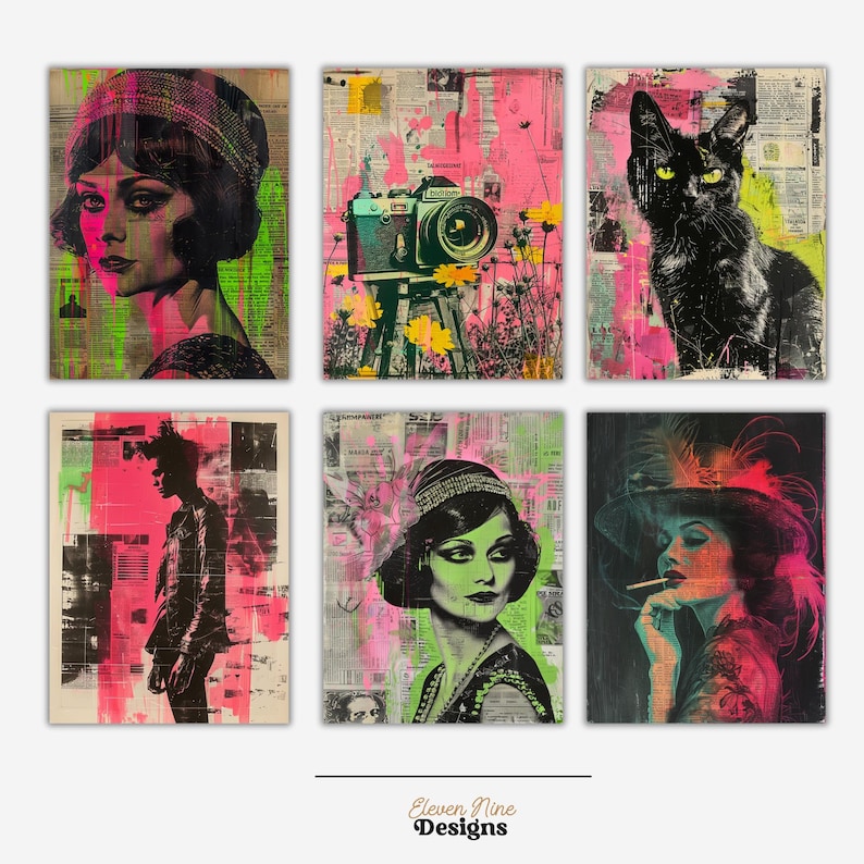 May include: Six colorful, abstract art prints with a newspaper background. The prints feature a woman with a hat, a camera on a tripod, a black cat, a man in a jacket, a woman with a hat and pearls, and a woman with a hat smoking a cigarette.