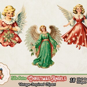 May include: Three vintage Christmas angel illustrations with wings, each wearing a different dress. One angel wears a red dress with white stars, another wears a red dress with a holly sprig, and the third wears a green dress with a white trim.