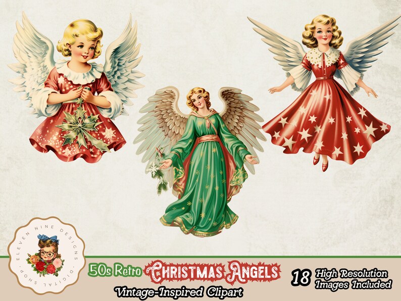 May include: Three vintage Christmas angel illustrations with wings, each wearing a different dress. One angel wears a red dress with white stars, another wears a red dress with a holly sprig, and the third wears a green dress with a white trim.