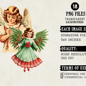 May include: Two angels with wings, one holding a sprig of holly, the other with a red bow on her dress.  The angels are surrounded by green foliage and red berries.  18 PNG files, transparent backgrounds, each image size 2048x2048 pixels, 5x5 inches, high resolution, 300 DPI.  Terms of use: Personal use, Commercial use.