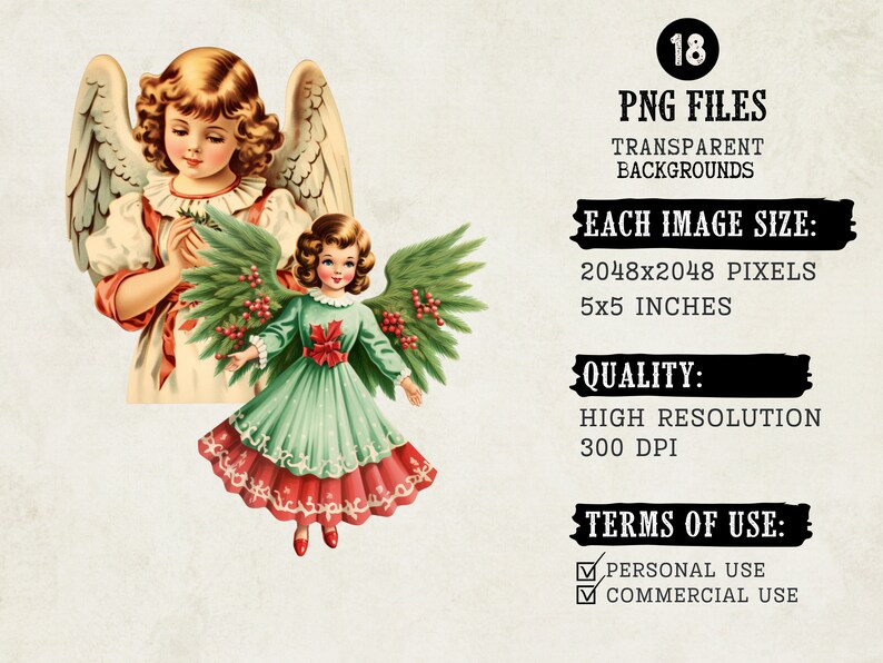 May include: Two angels with wings, one holding a sprig of holly, the other with a red bow on her dress.  The angels are surrounded by green foliage and red berries.  18 PNG files, transparent backgrounds, each image size 2048x2048 pixels, 5x5 inches, high resolution, 300 DPI.  Terms of use: Personal use, Commercial use.