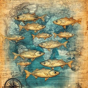 May include: A vintage map with a blue and green watercolor background featuring a school of fish swimming in a circular pattern. The fish are drawn in a detailed, realistic style with a light brown color.