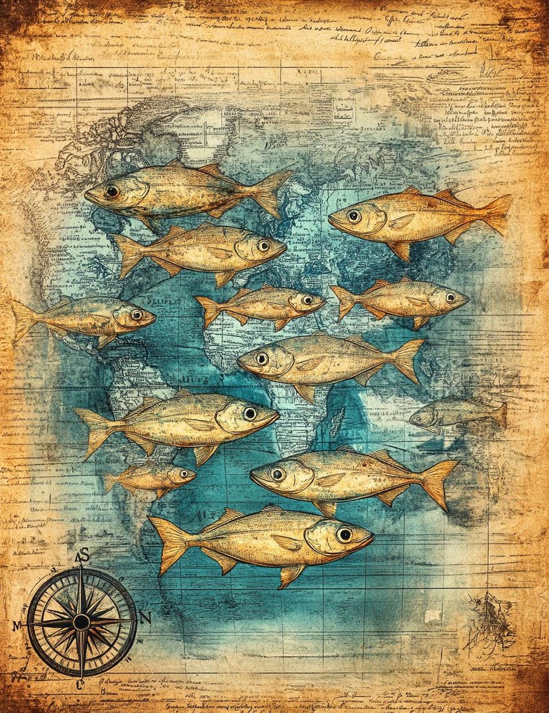 May include: A vintage map with a blue and green watercolor background featuring a school of fish swimming in a circular pattern. The fish are drawn in a detailed, realistic style with a light brown color.