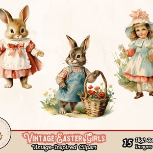 Puede incluir: Tres ilustraciones vintage de chicas y conejos de Pascua. Una ni&ntilde;a con un vestido azul sostiene una cesta con un conejito blanco. Un conejito con un vestido azul sostiene una cesta de flores. Un conejito con un vestido rosa sostiene un ramo de flores.