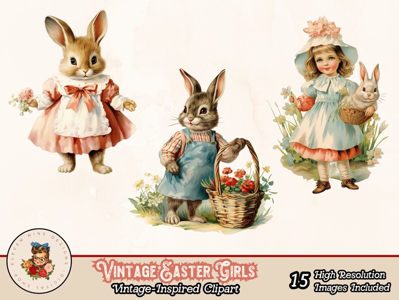 Puede incluir: Tres ilustraciones vintage de chicas y conejos de Pascua. Una ni&ntilde;a con un vestido azul sostiene una cesta con un conejito blanco. Un conejito con un vestido azul sostiene una cesta de flores. Un conejito con un vestido rosa sostiene un ramo de flores.