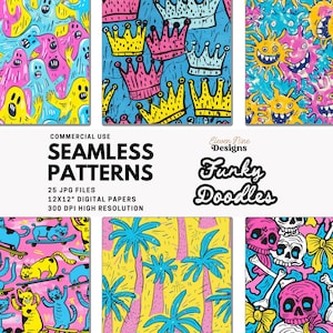 May include: A collection of colorful seamless patterns with various designs, including crowns, ghosts, suns, cats on skateboards, palm trees, and skulls. The image also includes the text "SEAMLESS PATTERNS" and "Funky Doodles".