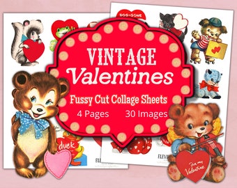 Vintage Valentines Printable, Valentines Animals Collage Sheet, Retro Valentines, Valentines Ephemera, Valentines Digital Download Images