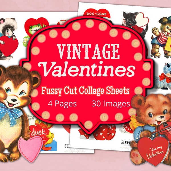 Vintage Valentines Printable, Valentines Animals Collage Sheet, Retro Valentines, Valentines Ephemera, Valentines Digital Download Images