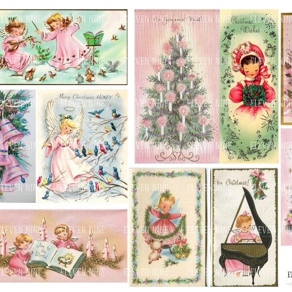 Pink Christmas Digital Download, Christmas Printable, Vintage Christmas Cards, Christmas Ephemera, Retro Christmas, Collage Sheet