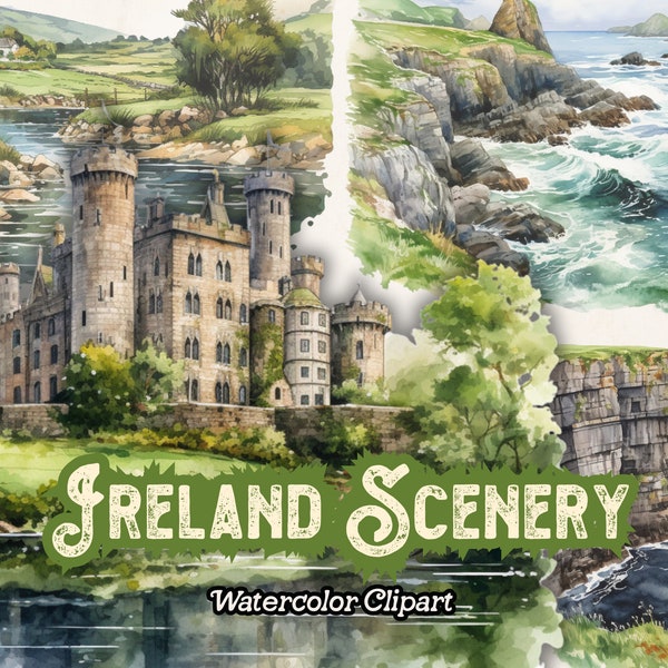 Watercolor Ireland Clipart, Ireland Scenery Landscape, Ireland Irish PNG, Commercial Use for Scrapbooking Journals, St Patricks Day Clipart