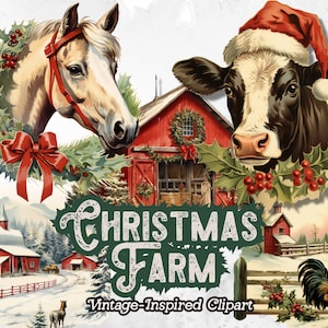 Vintage Christmas Farm Clipart, Christmas Farm Animal PNG, Farmhouse Clipart, Barn Animals Clipart, Instant Digital Download, Commercial Use