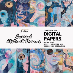 May include: A set of 40 digital papers featuring surreal abstract dreamscapes in a variety of colors, including blue, pink, and gold. The papers are 8.5x11 inches and 300 DPI.