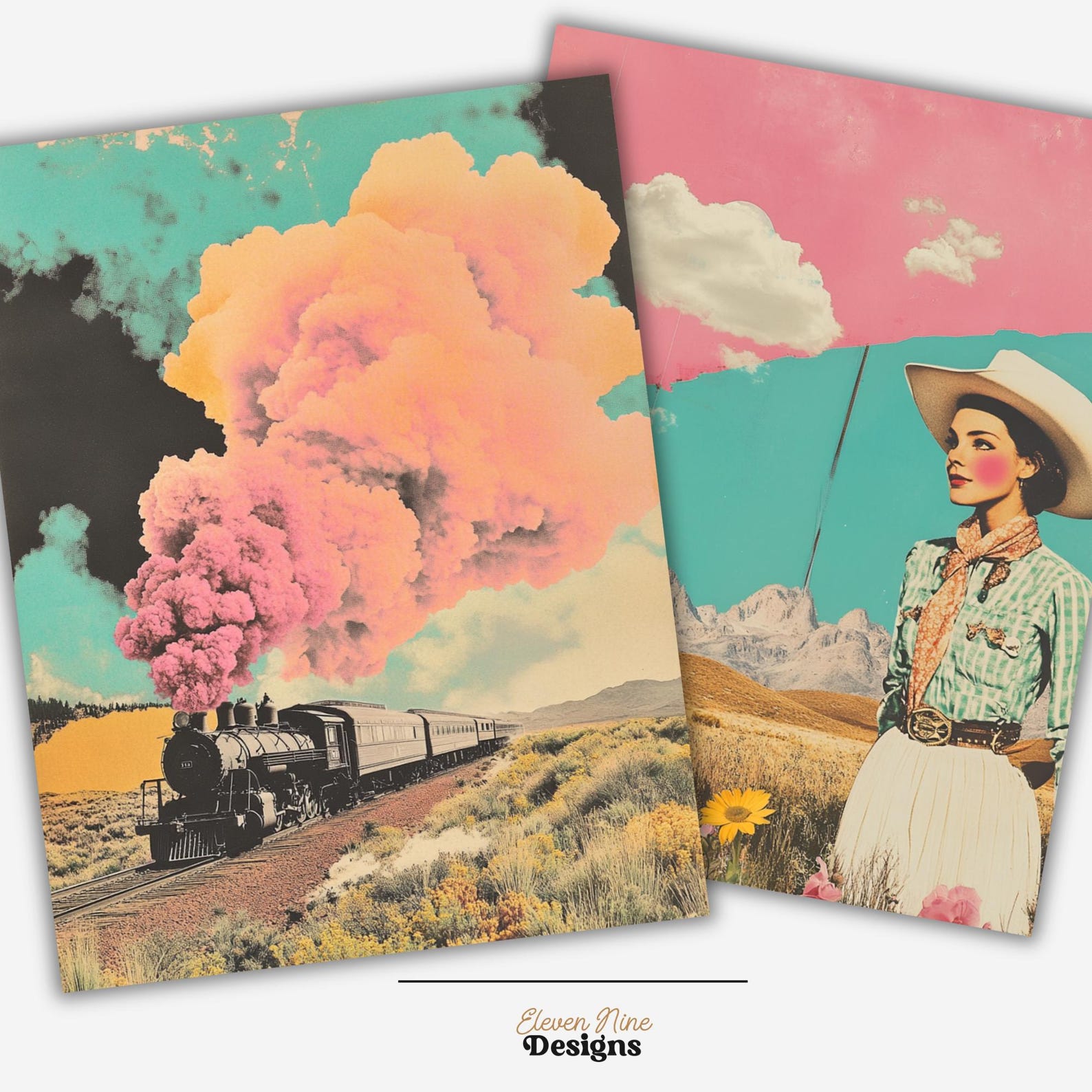 retro cowgirl art prints - set of 3 - digital download... Retro Pop Western Digital Paper, Cowgirl Cowboy Collage Art, Surreal ...