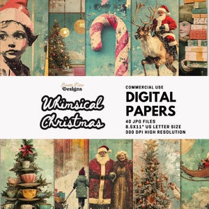 気まぐれなクリスマスデジタルペーパー、ヴィンテージ風のホリデーコラージュ、レトロなクリスマスの印刷物、ジャンクジャーナルの背景、すぐにダウンロード