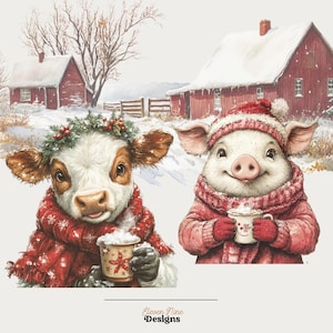 May include: A watercolour illustration of a cow and pig in winter clothing. The cow wears a wreath and red scarf, holding a mug. The pig wears a hat and scarf, also holding a mug. Snowy background with red barns.