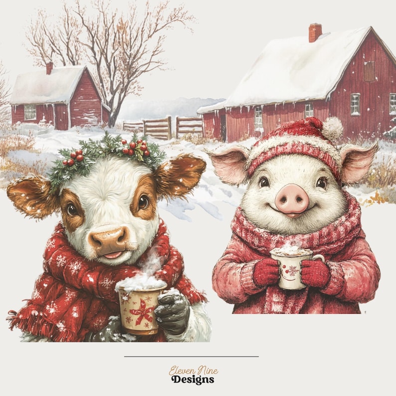 May include: A watercolour illustration of a cow and pig in winter clothing. The cow wears a wreath and red scarf, holding a mug. The pig wears a hat and scarf, also holding a mug. Snowy background with red barns.