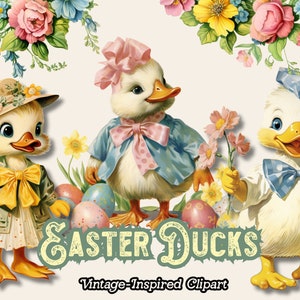 Clipart canard de Pâques, vintage canards jaunes PNG, Clipart caneton, Pâques floral PNG, Clipart canard mignon, téléchargement numérique immédiat