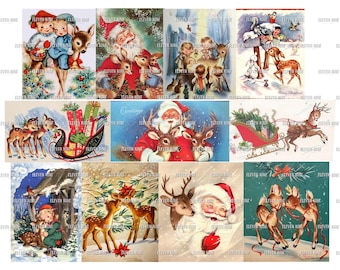 May include: A collage of vintage Christmas cards featuring illustrations of Santa Claus, reindeer, and other winter scenes. The cards are in various colors, including red, green, blue, and white.