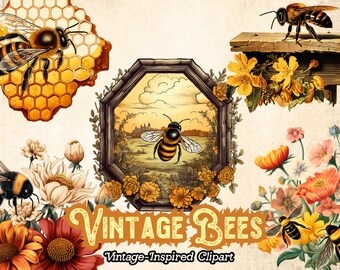 Bees Clipart, Bees and Flowers Clipart, Bee PNG, Vintage Bees Label, Summer Clipart, Honey Jar Clipart, Spring Garden Bees, Commercial Use