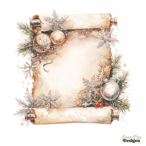 Op de afbeelding: Waterverfillustratie van een rol met kerstversieringen, sneeuwvlokken en dennentakken. De rol is beige met een leeg midden, ideaal voor tekst. Zilveren en gouden ornamenten en sneeuwvlokken voegen een feestelijk tintje toe. De tekst "Eleven Nine Designs" staat rechtsonder.