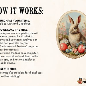 Puede incluir: Una ilustraci&oacute;n vintage de un conejo blanco sentado entre huevos de Pascua coloridos y flores. La imagen est&aacute; enmarcada en un &oacute;valo con fondo blanco.