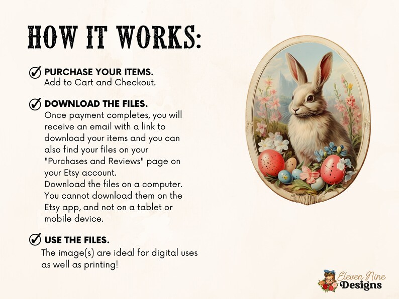Puede incluir: Una ilustraci&oacute;n vintage de un conejo blanco sentado entre huevos de Pascua coloridos y flores. La imagen est&aacute; enmarcada en un &oacute;valo con fondo blanco.
