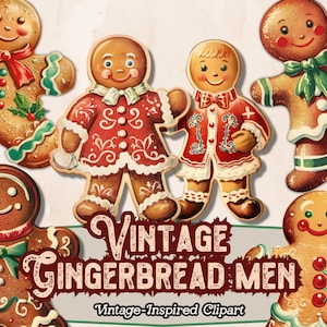 May include: Vintage-inspired clipart featuring five gingerbread people. The gingerbread people are decorated with red, green, and white icing. The text "Vintage Gingerbread Men" is written in red and white letters.