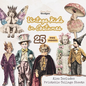 May include: Digital collage sheet with vintage illustrations of children in costumes. The image includes a fairy, a mushroom-themed figure, and other costumed children. Text includes "Vintage Kids in Costumes," "25 PNG Images," and "Printable Collage Sheets."