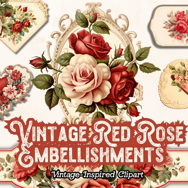 Vintage Red Rose Valentines Embellishments, Victorian Graphics, Valentines Clipart, for Junk Journals, Paper Crafts, Vintage Decoration