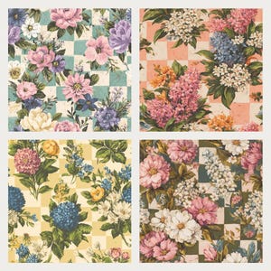 Pu&ograve; includere: Quattro motivi floreali quadrati con un'estetica vintage. Ognuno presenta una diversa combinazione di colori, tra cui fiori rosa, viola, blu e gialli, su uno sfondo a scacchi. I disegni evocano un'atmosfera classica e romantica, adatta per tessuti o carta da parati.