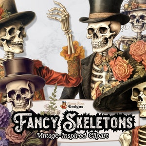 Clipart de esqueletos de Halloween, clipart de crânio de Halloween, esqueleto extravagante PNG, esqueleto floral PNG, clipart download digital instantâneo